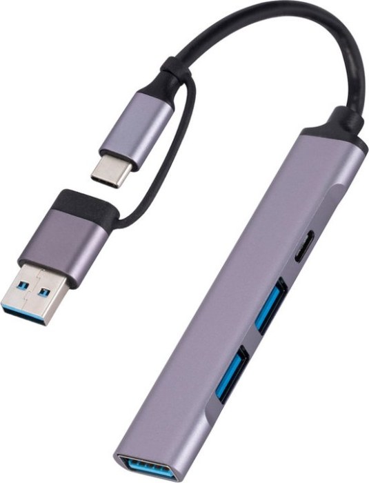 2 IN 1 Adapter Hub splitter kabel - USB-C en USB naar 3X USB 3.0 female en USB-C female- converter - Grijs.