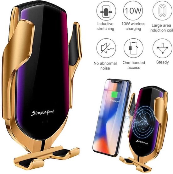 R1 Smart Sensor Car Wireless Charger - Goud - Draadloos - Qi Technologie - Telefoonhouder - Smartphone holder - Auto oplader telefoon - Telefoon Oplader - Oplader - Slimme Sensor - Universeel