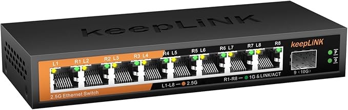 8-poorts 2.5G Switch Unmanaged, Ethernet-switch met 8 x 2.5G basis-T-poorten, 1 x 10G Base-T SFP-sleuf, 60 Gbps schakelcapaciteit, Plug & Play, Fanless Metaal, Desktop/Wall Mount