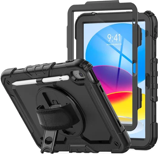 Apple iPad 10.9 (2022) Hoes met Screen Protector en Handriem Zwart