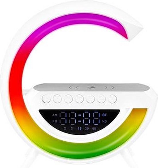 LED G-Shape RGB Bureaulamp met bluetooth speaker, klok en draadloos opladen - 235mm
